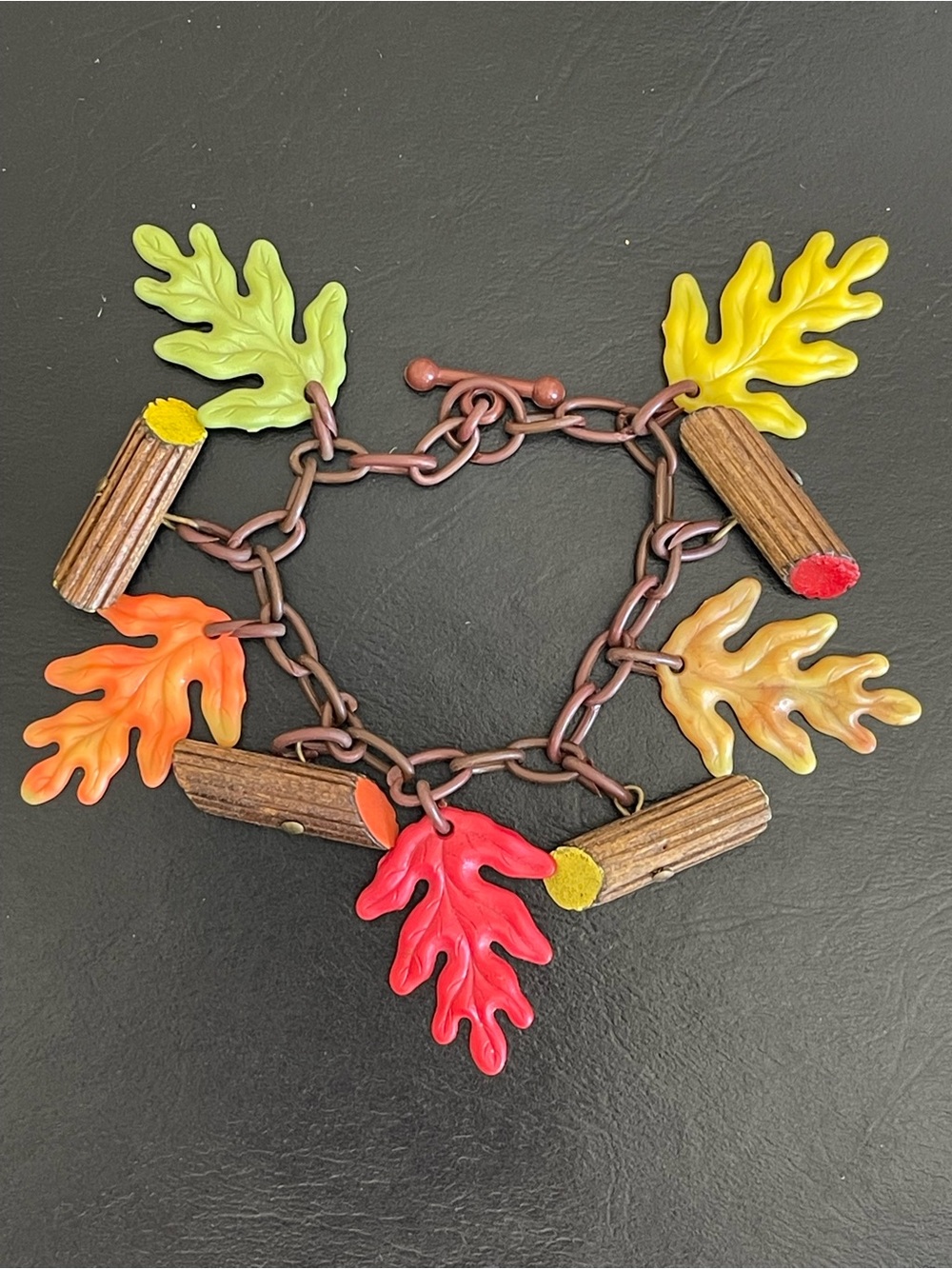 Vintage oak leaves fall Autumn celluloid charm bracelet.